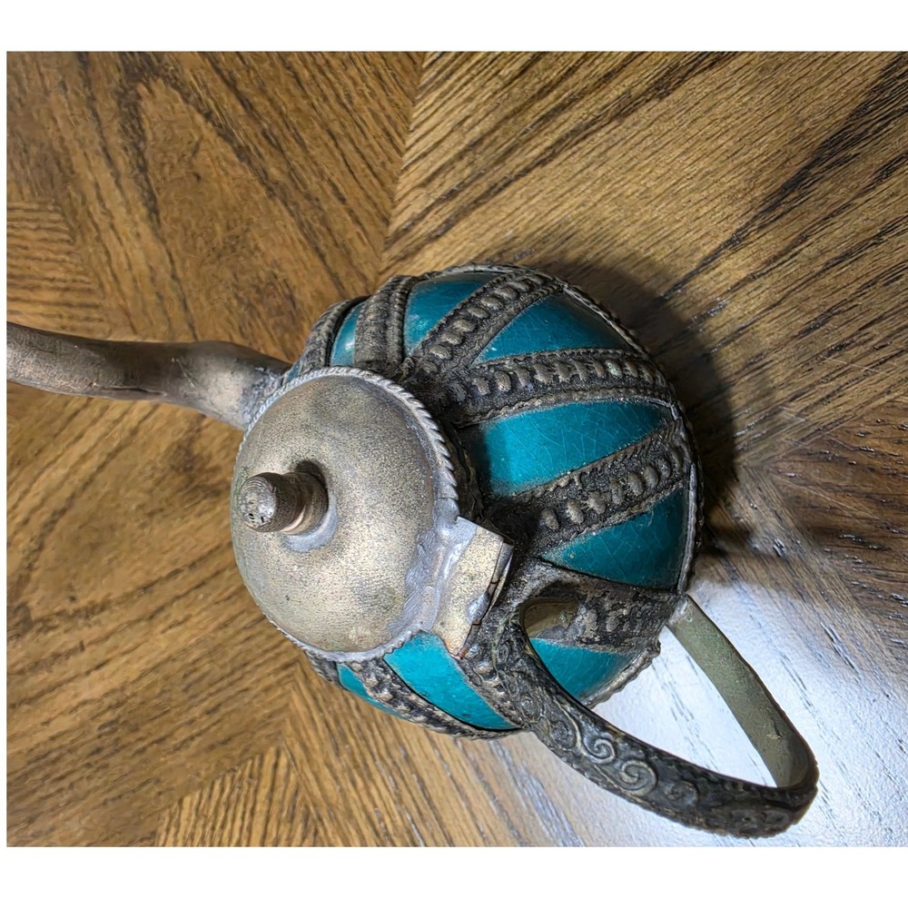 Vintage Moroccan Teal Ceramic Metal Filigree Teapot and Lidded Jar Set 2 Piece - Picture 7 of 9